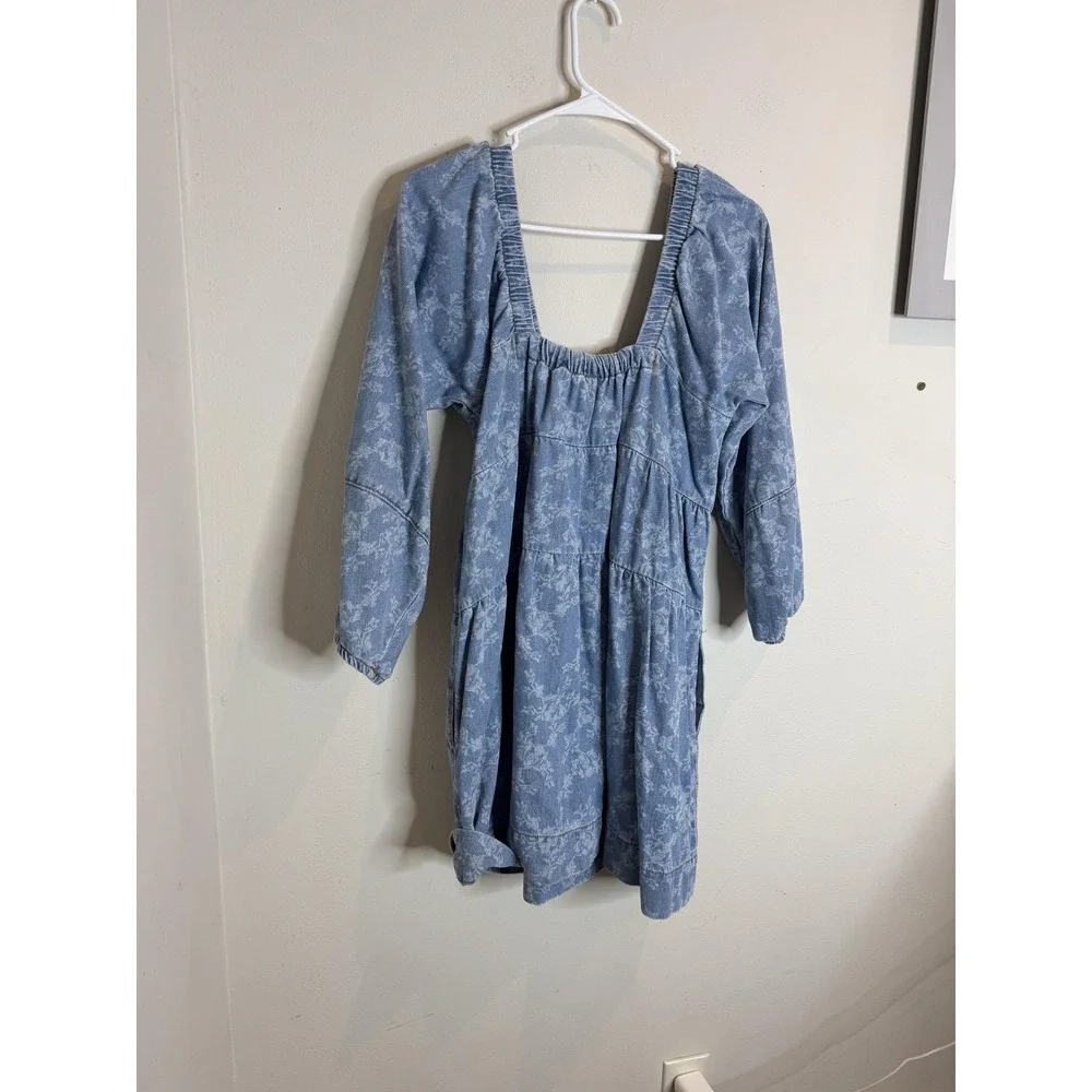 Free People Dress Womens XS‎ Blue Floral Denim Square Neck Long Sleeve Boho Mini